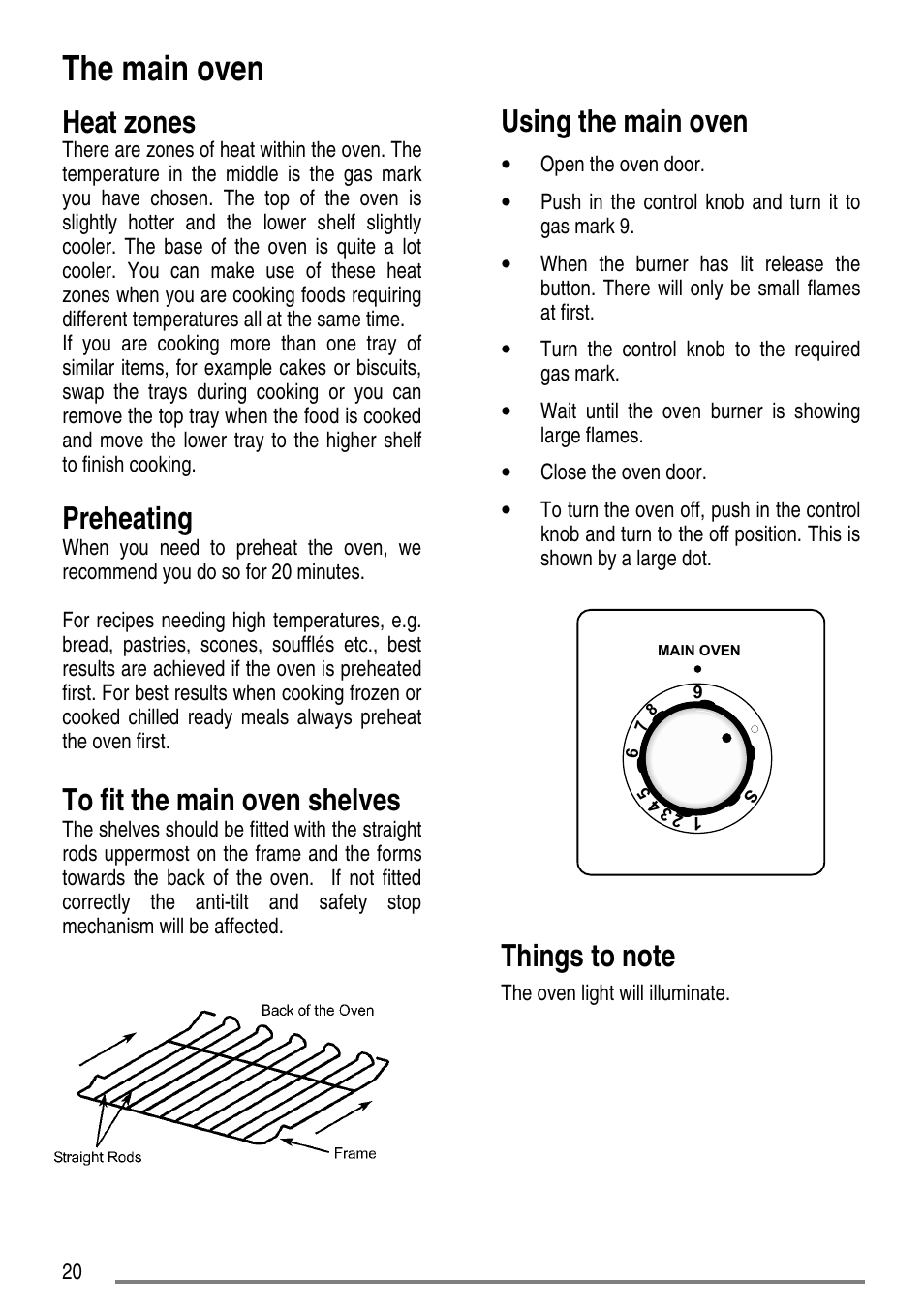 The main oven, Heat zones, Preheating | Using the main oven | Zanussi ZCG7551 User Manual | Page 20 / 44