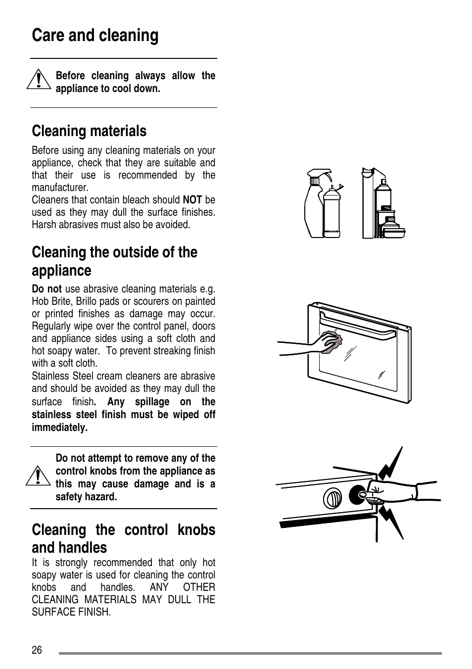 Care and cleaning, Cleaning materials, Cleaning the outside of the appliance | Cleaning the control knobs and handles | Zanussi ZCG7551 User Manual | Page 26 / 44