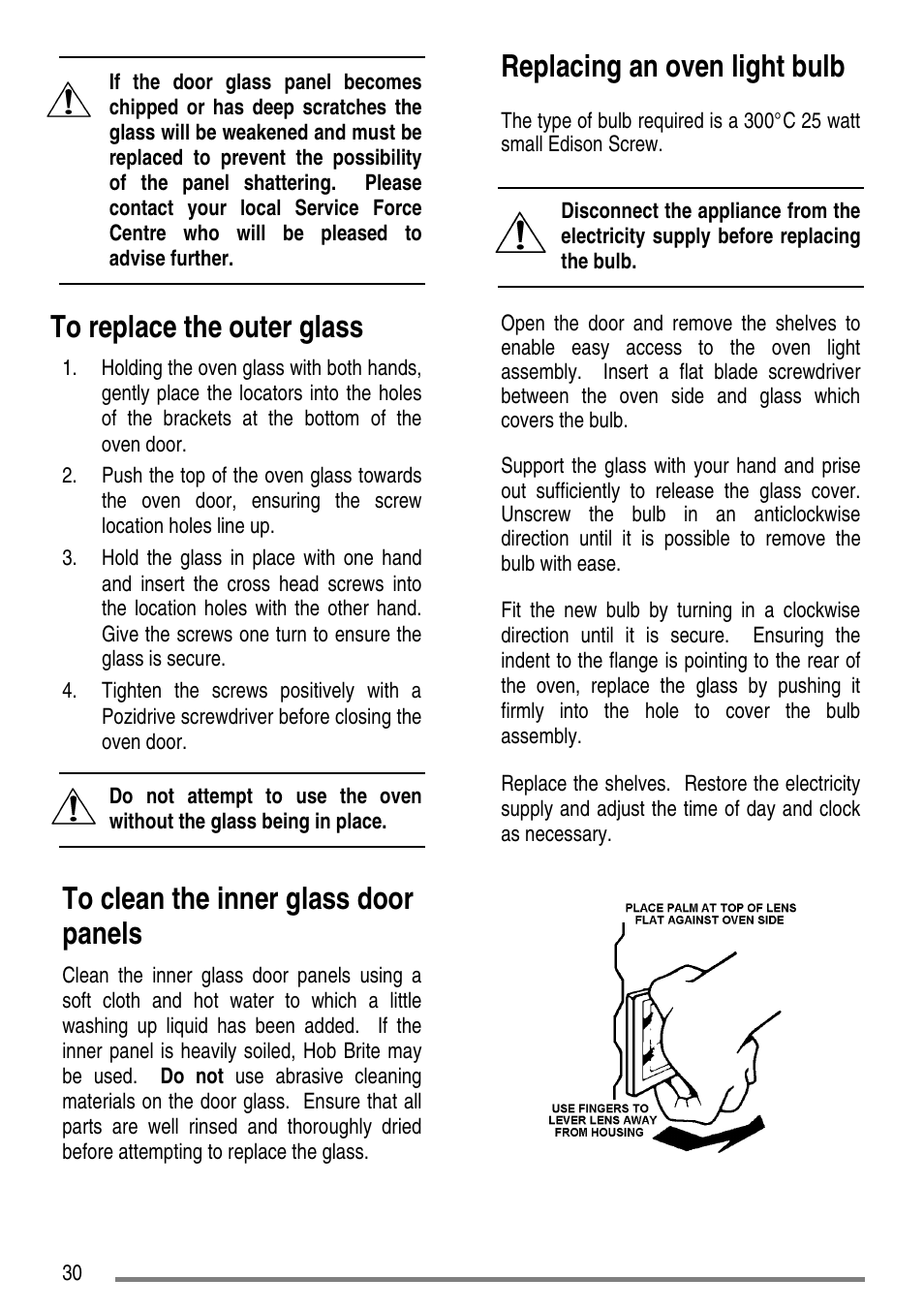 Replacing an oven light bulb | Zanussi ZCG7551 User Manual | Page 30 / 44