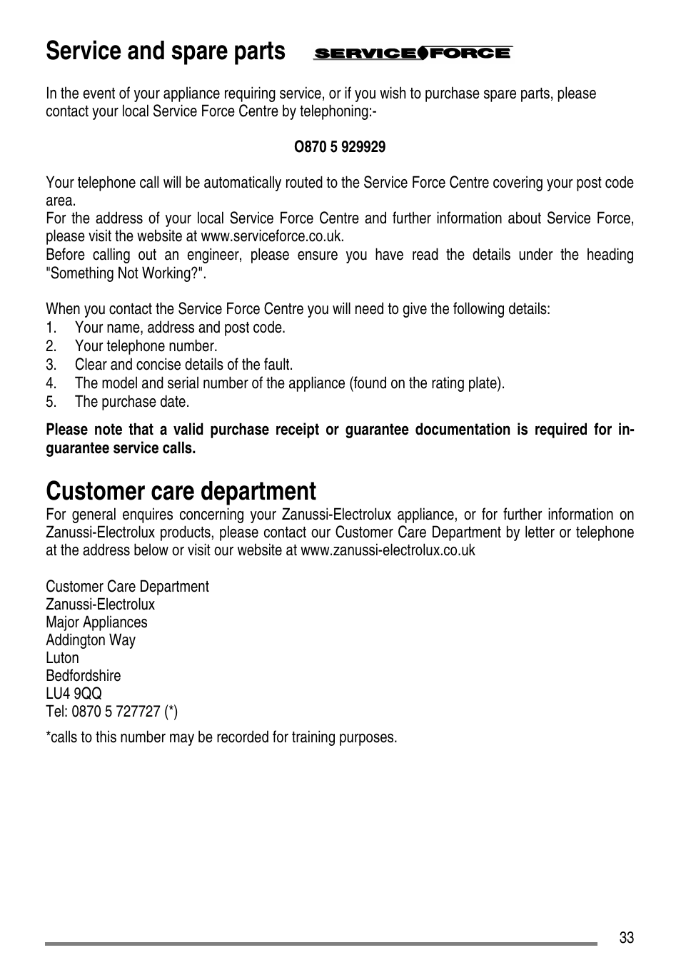 Service and spare parts, Customer care department | Zanussi ZCG7551 User Manual | Page 33 / 44