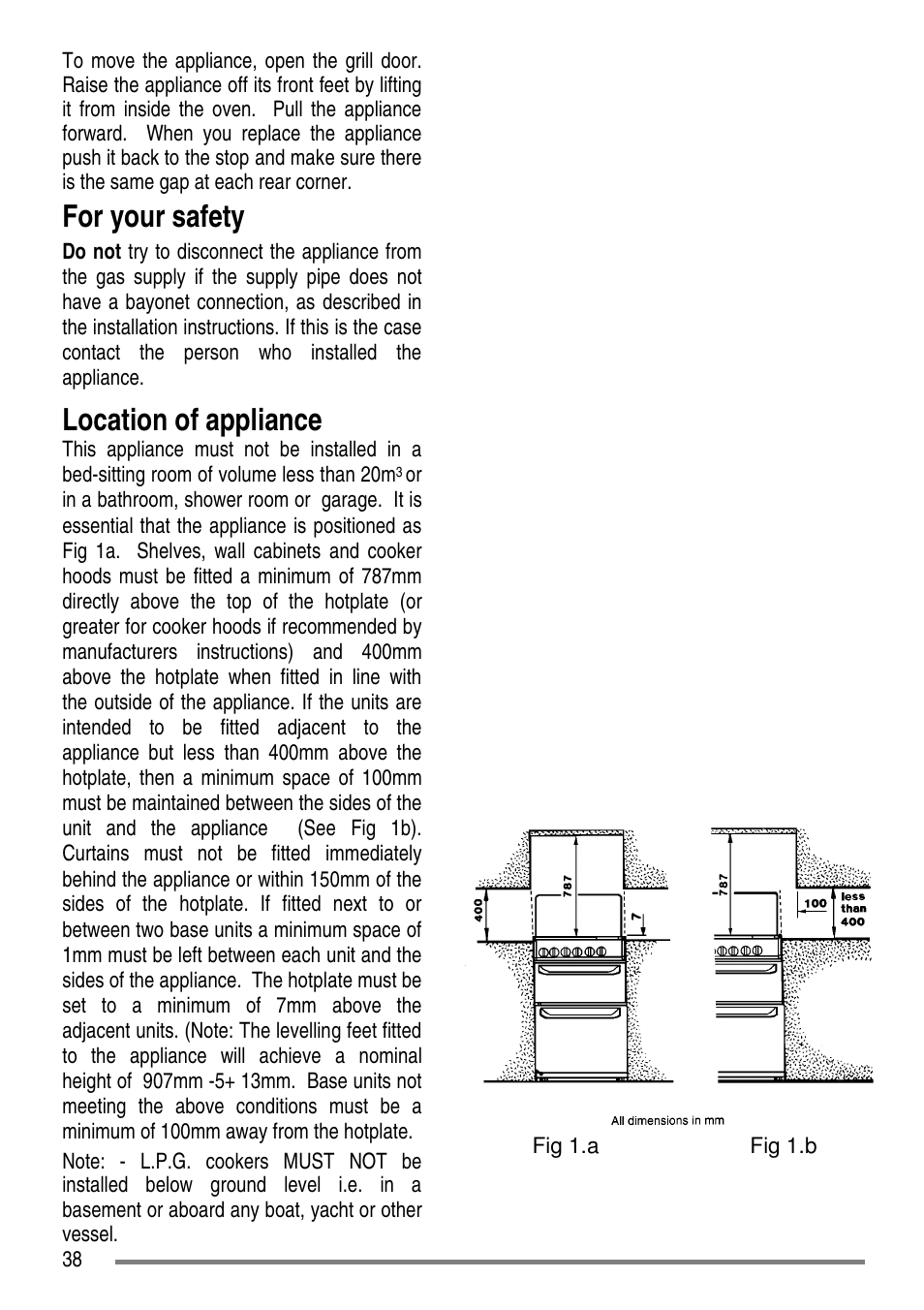 For your safety, Location of appliance | Zanussi ZCG7551 User Manual | Page 38 / 44