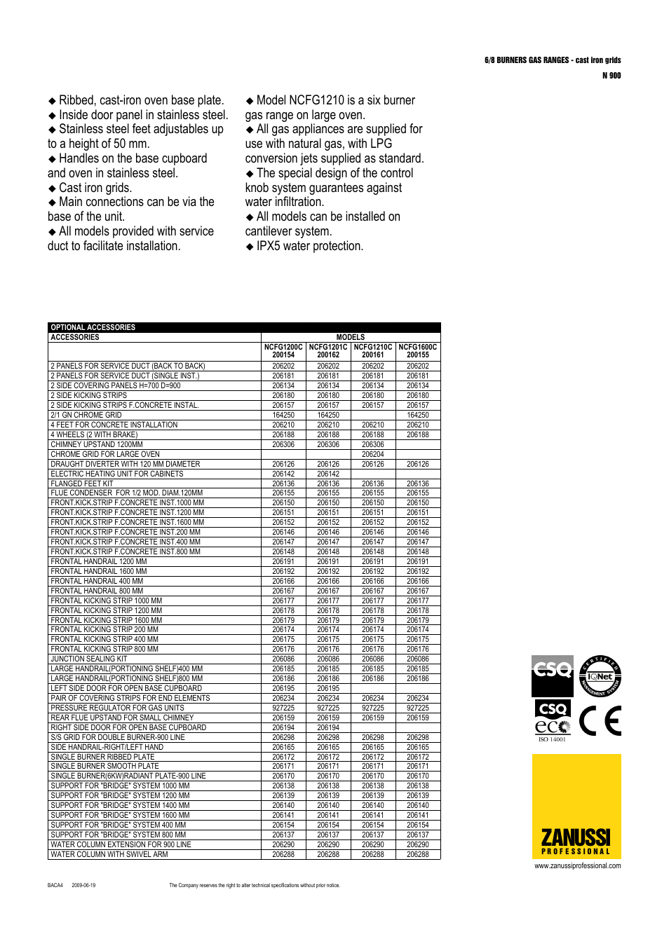 Zanussi, Ribbed, cast-iron oven base plate, Inside door panel in stainless steel | Cast iron grids, Main connections can be via the base of the unit, All models can be installed on cantilever system, Ipx5 water protection | Zanussi 200155 User Manual | Page 2 / 3