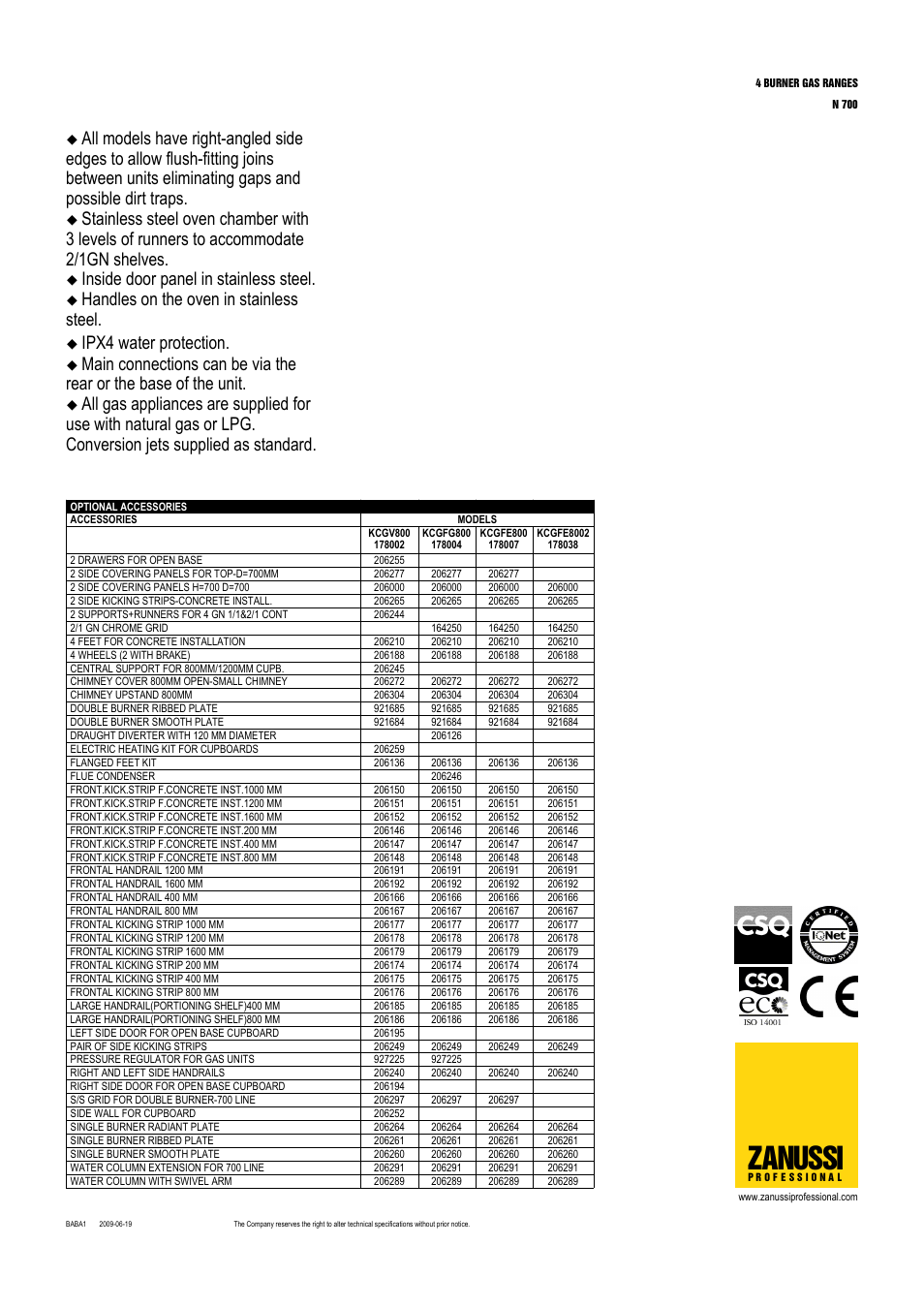 Zanussi, Inside door panel in stainless steel, Handles on the oven in stainless steel | Ipx4 water protection | Zanussi KCGFG800 User Manual | Page 2 / 5
