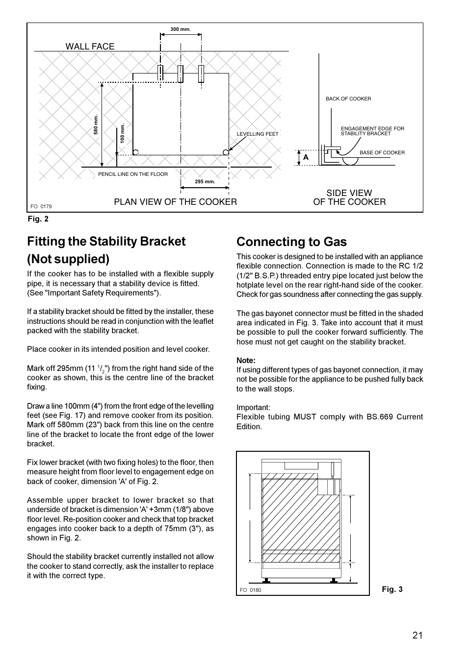 Fitting the stability bracket (not supplied), Connecting to gas | Zanussi ZCM 611 User Manual | Page 21 / 24