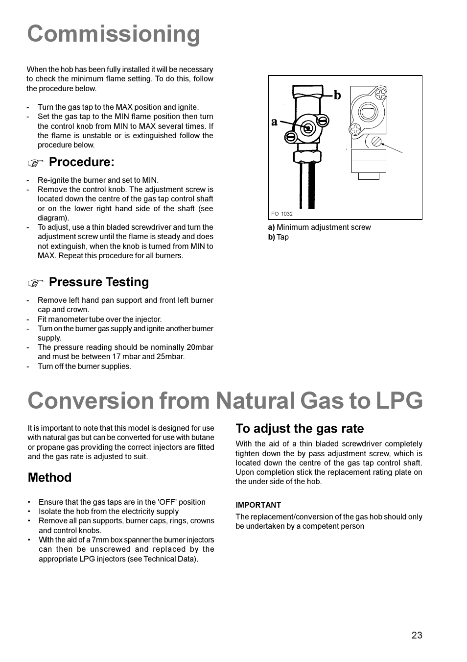 Commissioning, Conversion from natural gas to lpg, Procedure | Pressure testing, Method | Zanussi ZCM 611 User Manual | Page 23 / 24