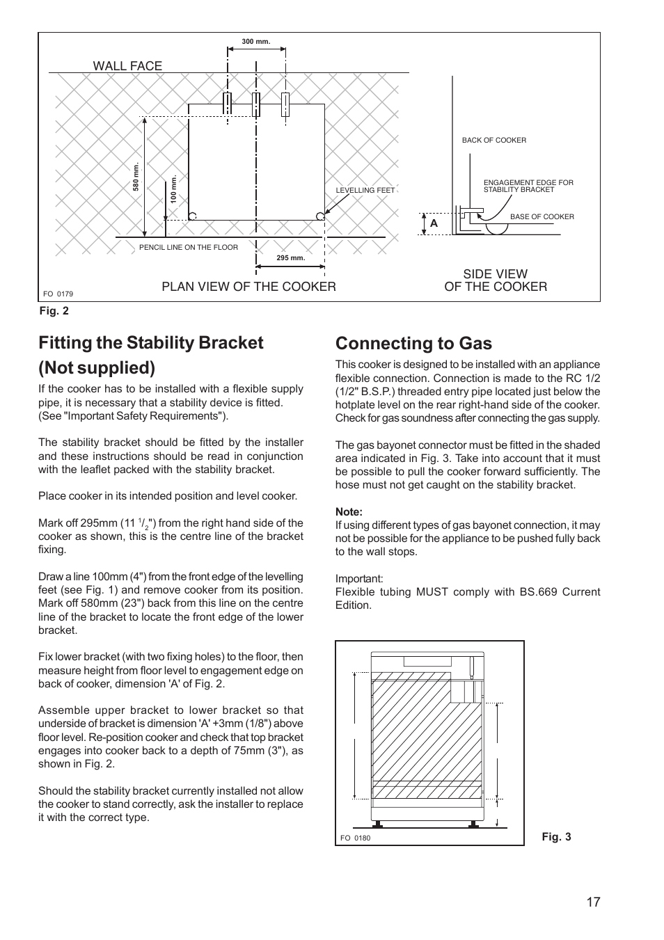 Fitting the stability bracket (not supplied), Connecting to gas | Zanussi ZCM 640 ZCM 641 User Manual | Page 17 / 20