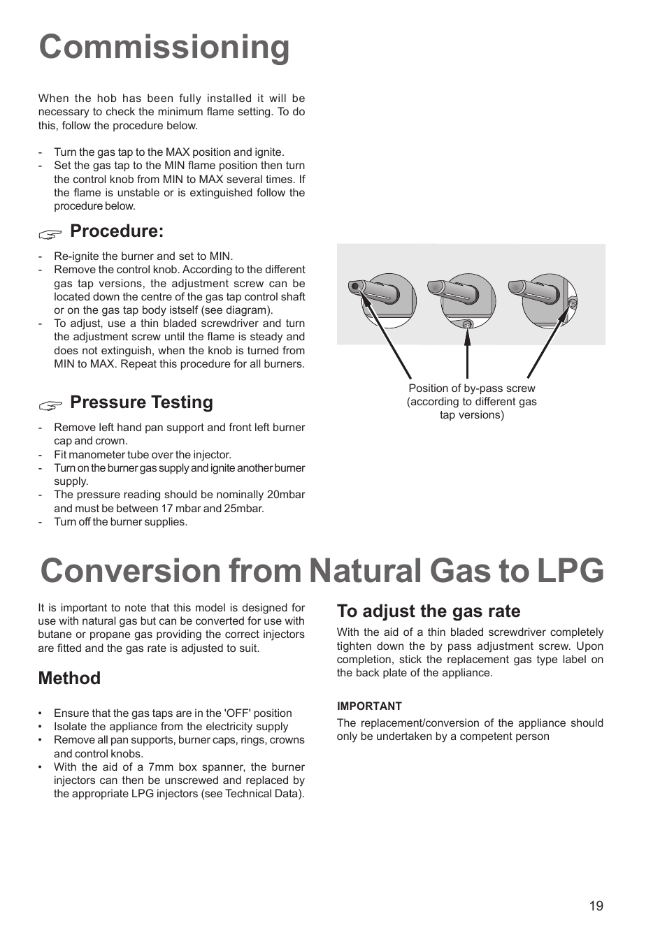 Commissioning, Conversion from natural gas to lpg, Procedure | Pressure testing, Method | Zanussi ZCM 640 ZCM 641 User Manual | Page 19 / 20