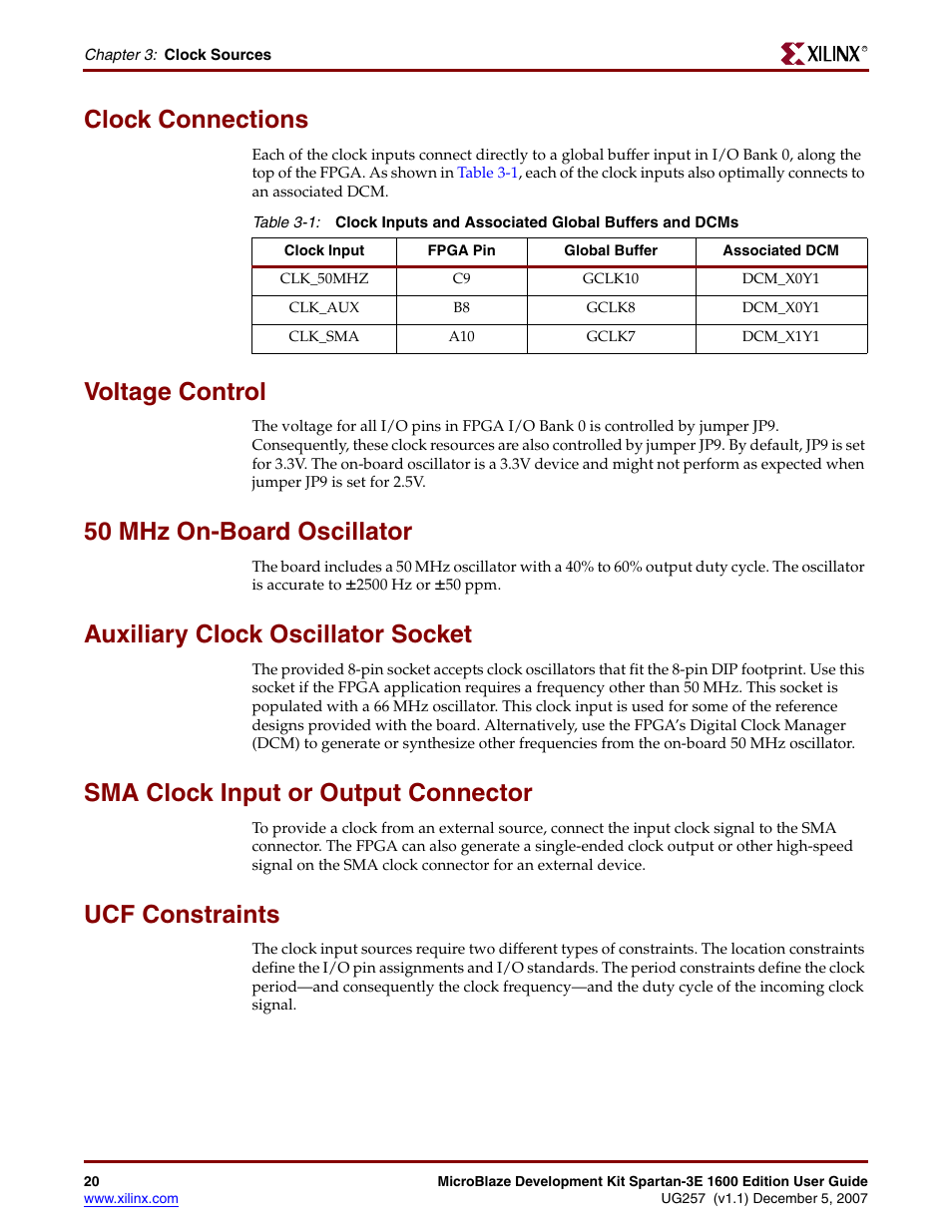 Clock connections, Voltage control, 50 mhz on-board oscillator | Auxiliary clock oscillator socket, Sma clock input or output connector, Ucf constraints | Xilinx MIcroblaze Development Spartan-3E 1600E User Manual | Page 22 / 168