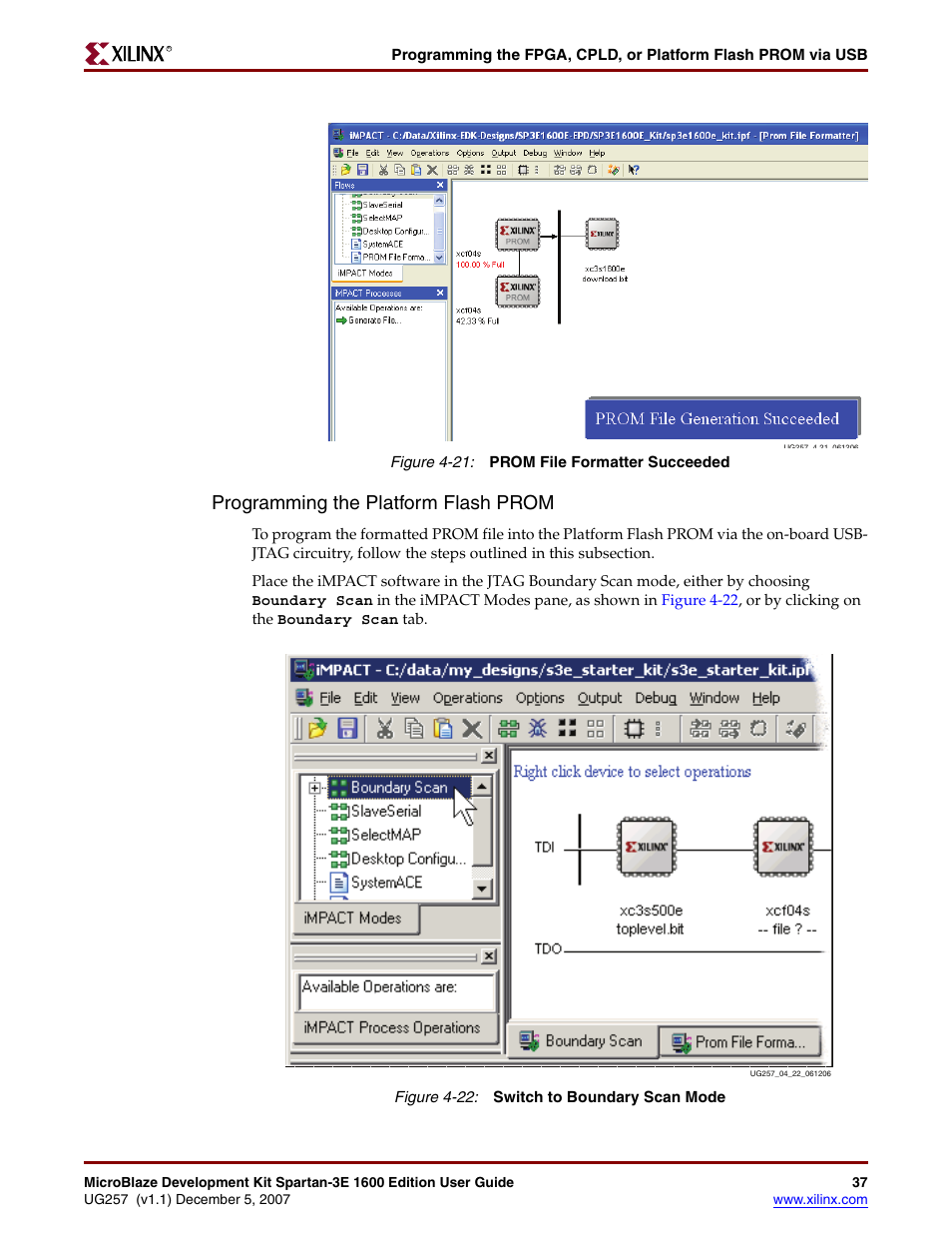 Programming the platform flash prom | Xilinx MIcroblaze Development Spartan-3E 1600E User Manual | Page 39 / 168