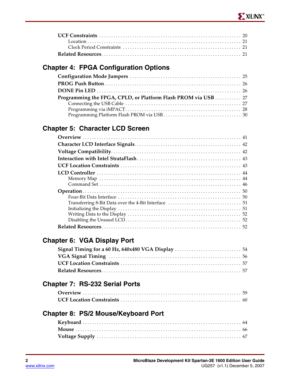 Chapter 4: fpga configuration options, Chapter 5: character lcd screen, Chapter 6: vga display port | Chapter 7: rs-232 serial ports, Chapter 8: ps/2 mouse/keyboard port | Xilinx MIcroblaze Development Spartan-3E 1600E User Manual | Page 4 / 168