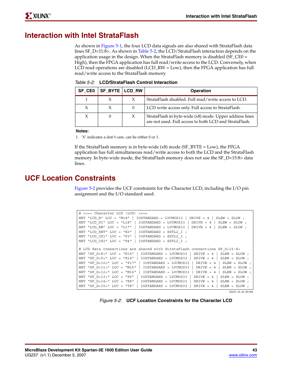 Interaction with intel strataflash, Ucf location constraints | Xilinx MIcroblaze Development Spartan-3E 1600E User Manual | Page 45 / 168