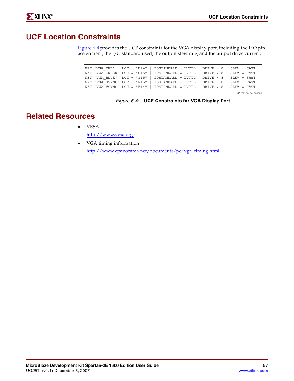 Ucf location constraints, Related resources, Related | Xilinx MIcroblaze Development Spartan-3E 1600E User Manual | Page 59 / 168