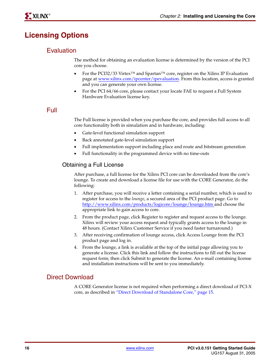 Licensing options, Evaluation, Full | Direct download, Evaluation full direct download, Obtaining a full license | Xilinx LogiCore PCI v3.0 User Manual | Page 16 / 58