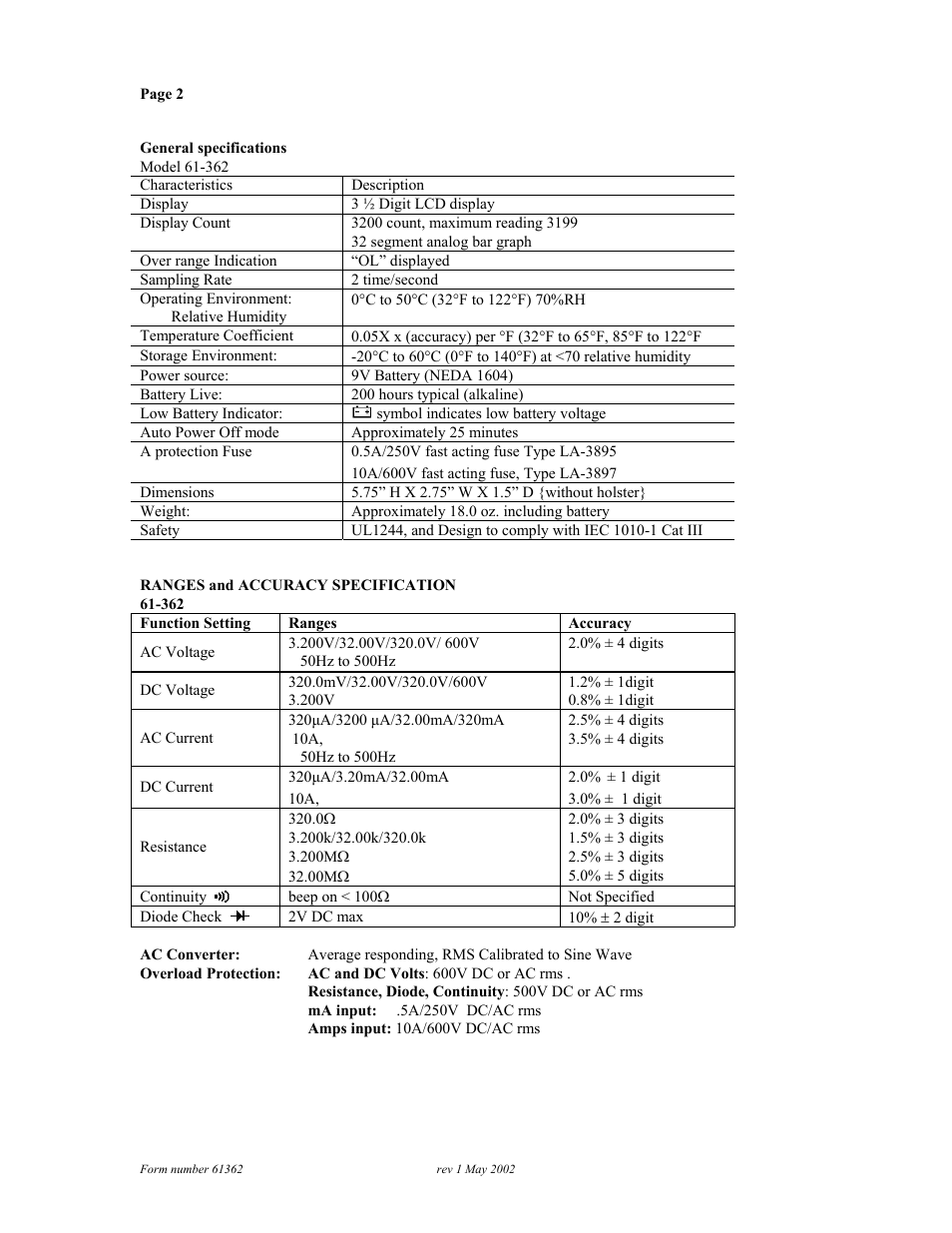 General specifications | Ideal 61-362 User Manual | Page 4 / 7