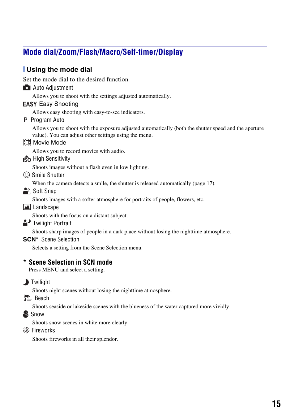 Mode dial/zoom/flash/macro/self-timer/display | 3M Cyber-shot W130 User Manual | Page 15 / 40