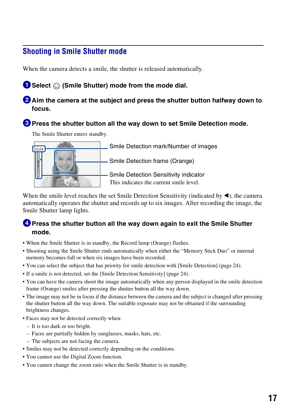 Shooting in smile shutter mode | 3M Cyber-shot W130 User Manual | Page 17 / 40