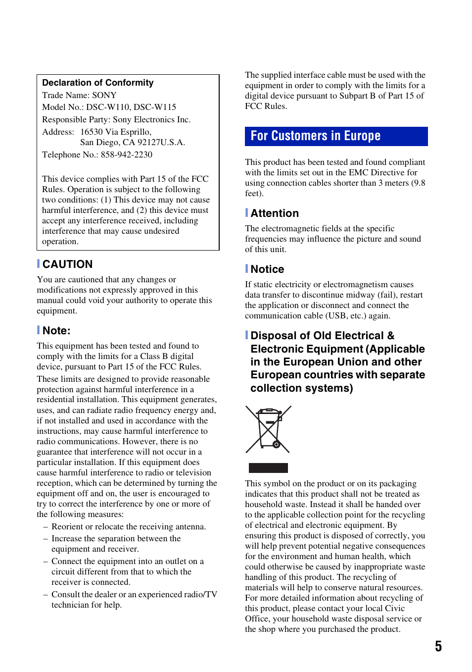 For customers in europe | 3M Cyber-shot W130 User Manual | Page 5 / 40