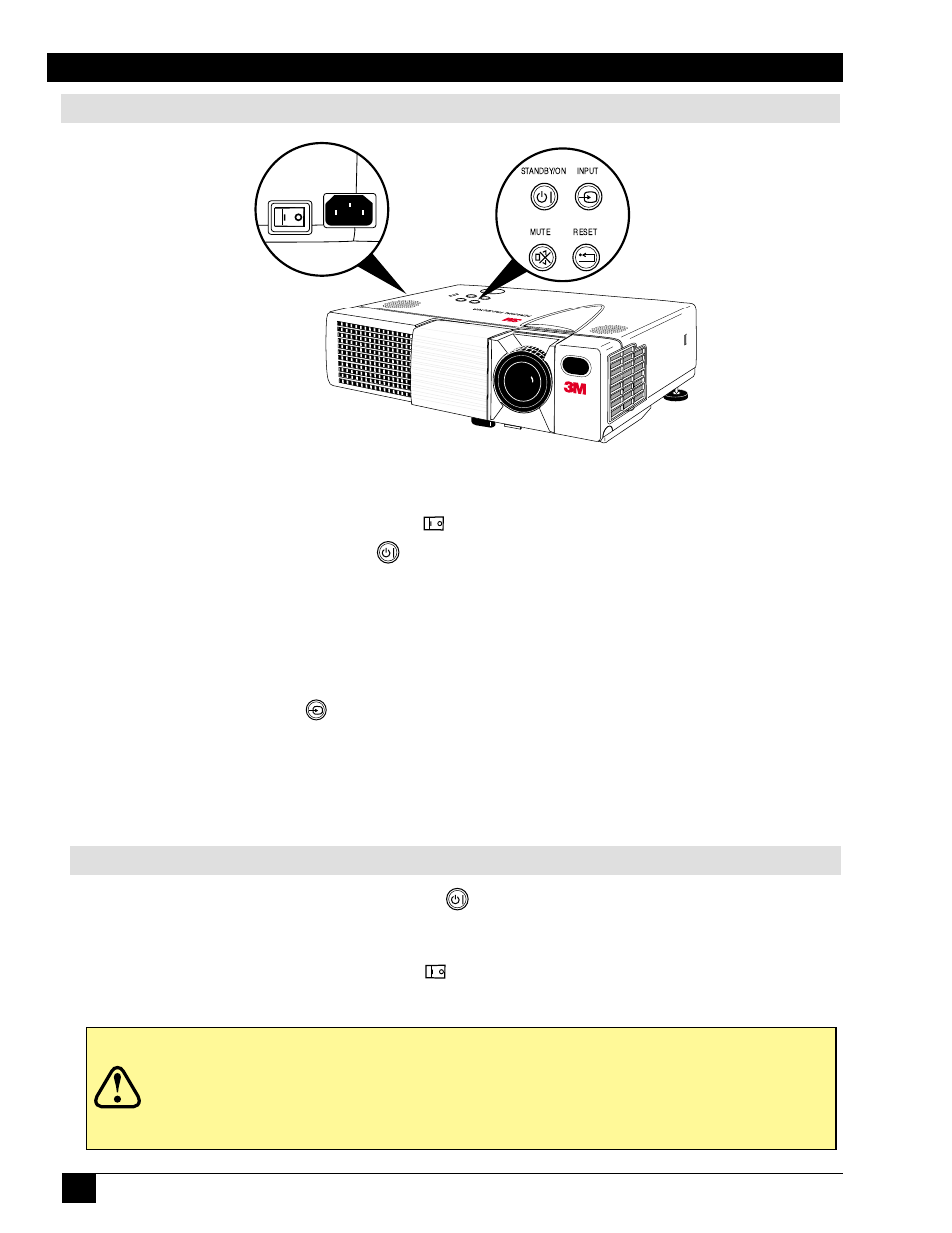 Section 3: basic operations, Projector startup and shutdown, Caution | 3M MP8746 User Manual | Page 16 / 44
