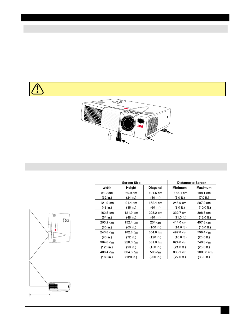 Section 4: adjustments and functions, How to use height adjustment foot, Caution | Screen chart | 3M MP8746 User Manual | Page 17 / 44