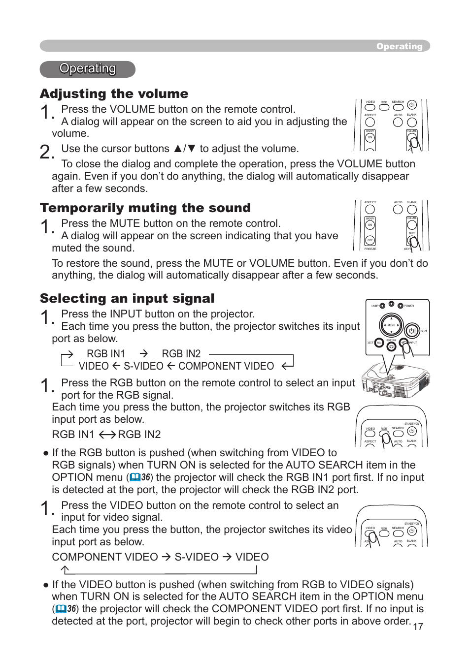 Operating adjusting the volume, Temporarily muting the sound, Selecting an input signal | Operating | 3M X68 User Manual | Page 17 / 51