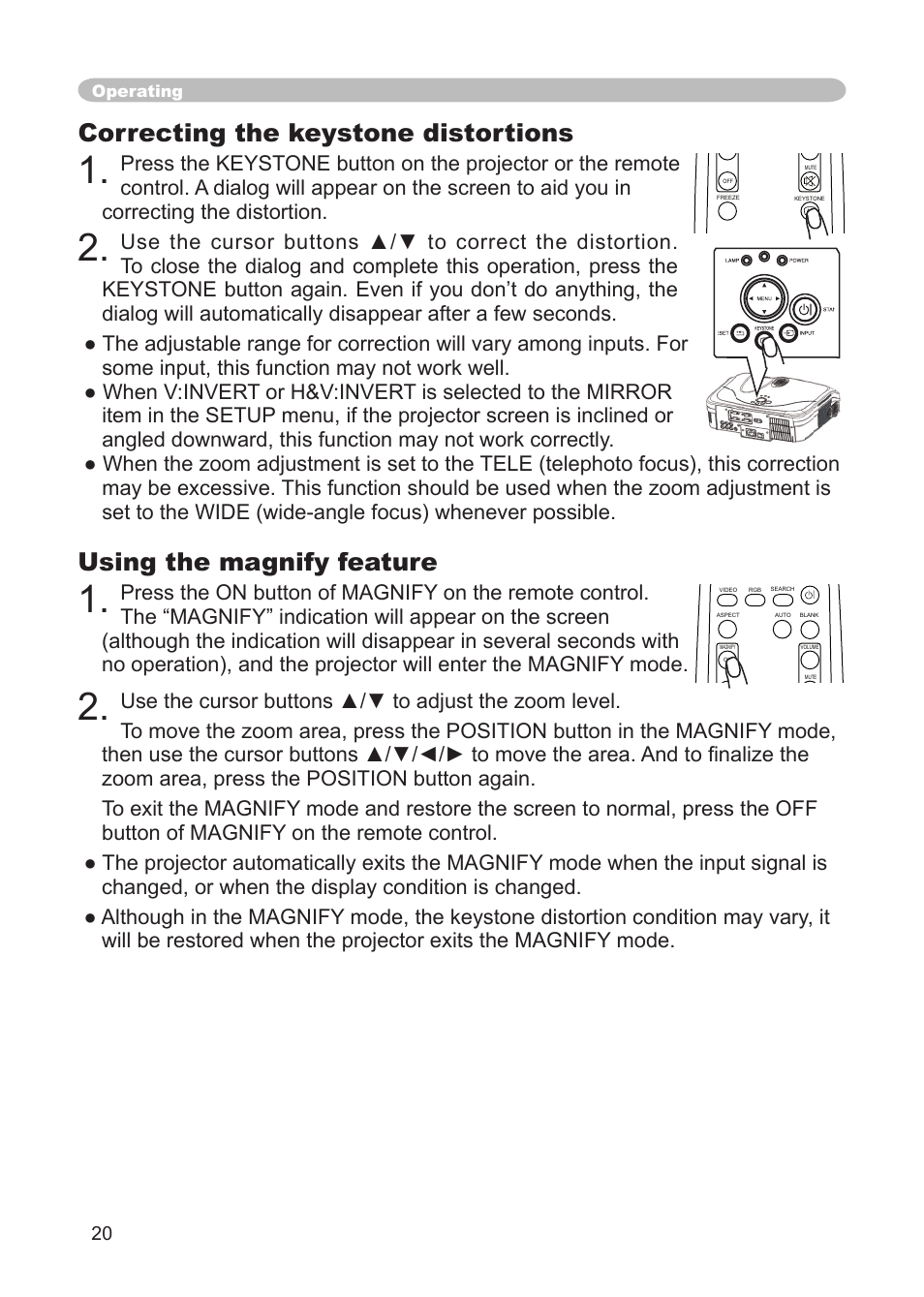 Using the magnify feature, Correcting the keystone distortions | 3M X68 User Manual | Page 20 / 51
