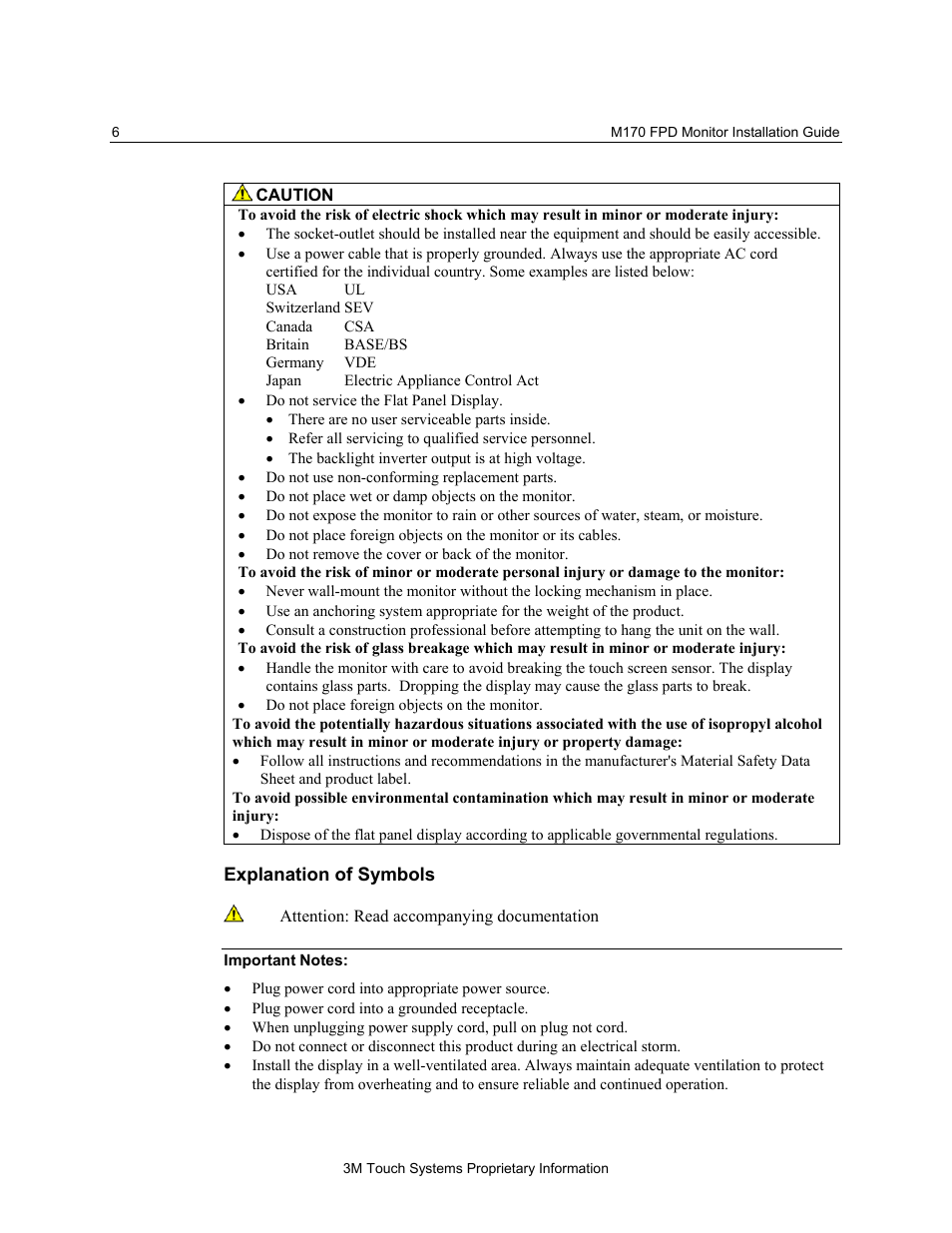 Explanation of symbols | 3M MicroTouch M170 User Manual | Page 6 / 33