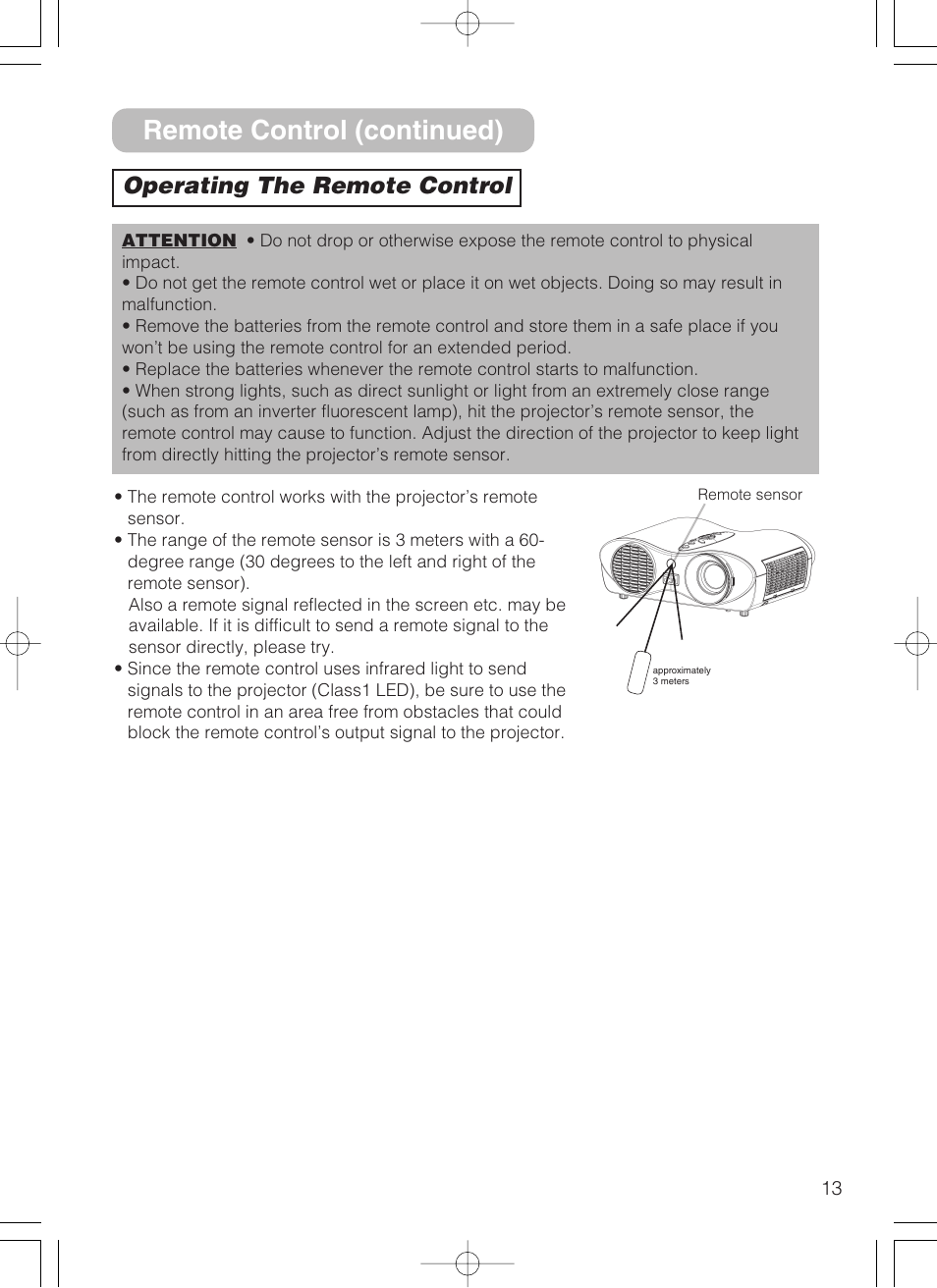 Remote control (continued), Operating the remote control | 3M S10 User Manual | Page 13 / 45