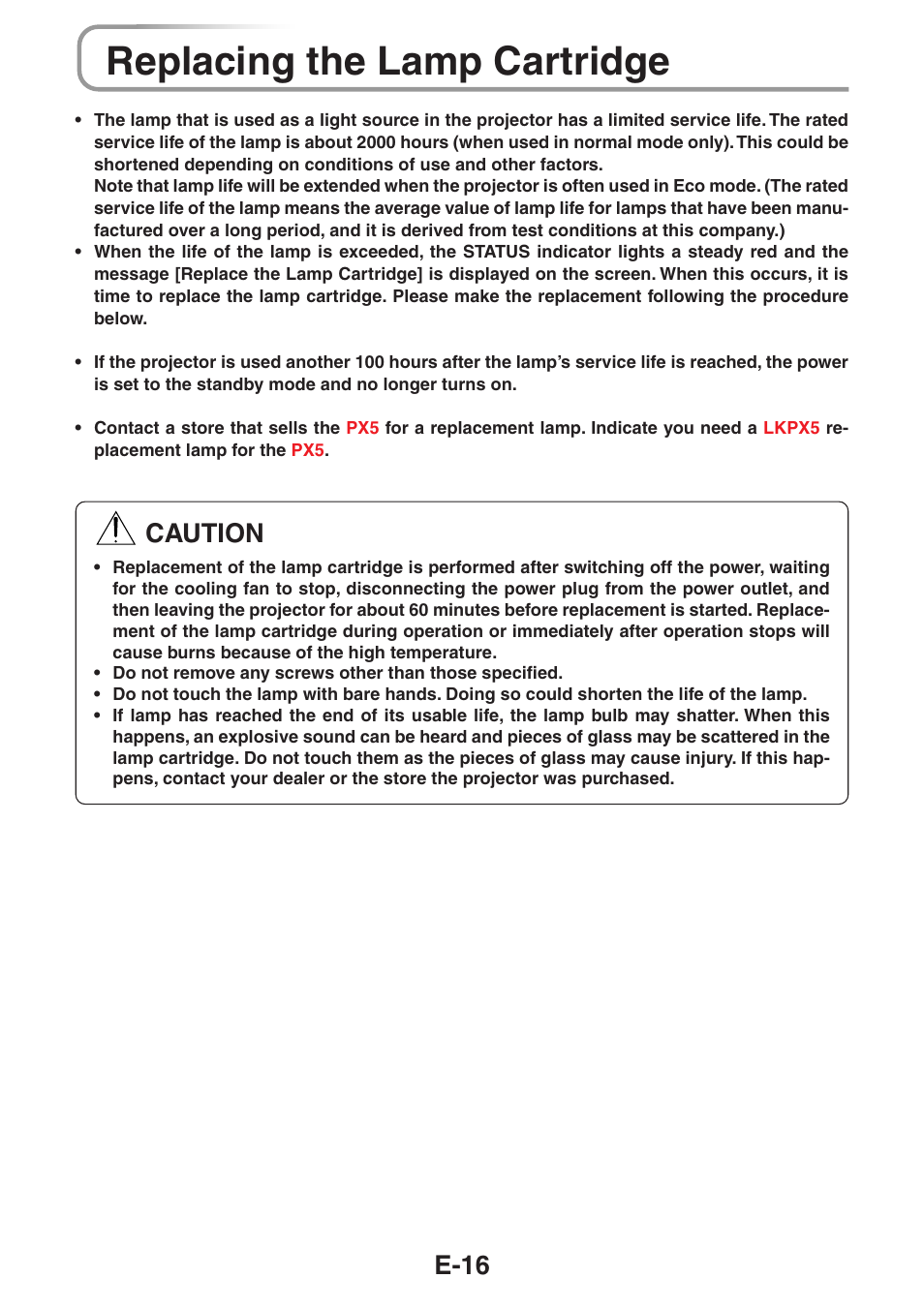 Replacing the lamp cartridge, E-16, Caution | 3M PX5 User Manual | Page 16 / 95