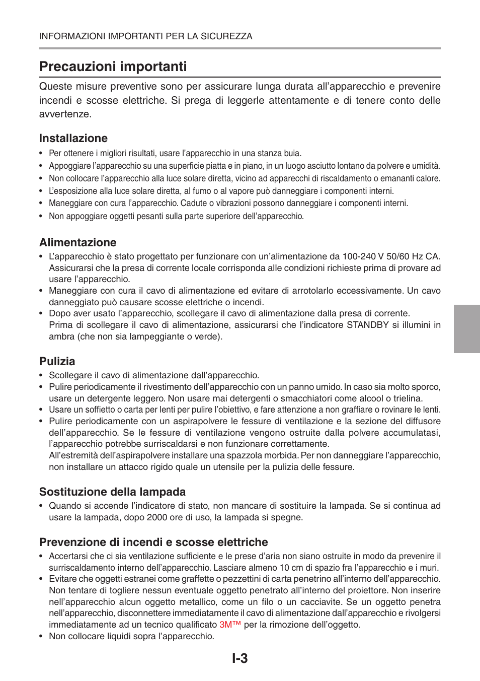 Precauzioni importanti | 3M PX5 User Manual | Page 60 / 95