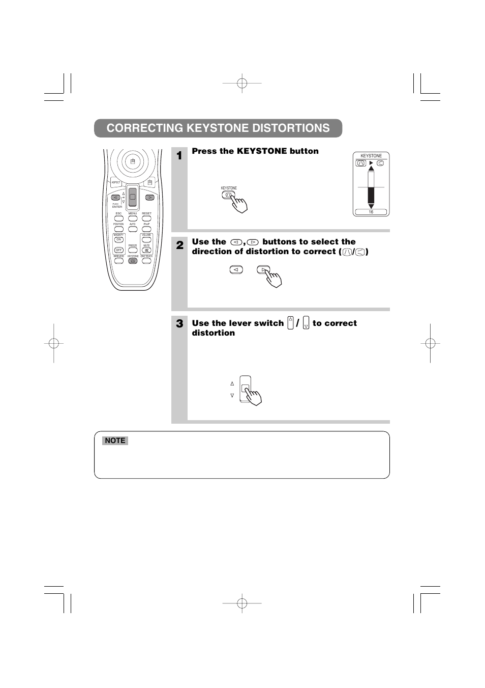 Correcting keystone distortions 1, Press the keystone button, Use the lever switch | 3M MP8790 User Manual | Page 22 / 44