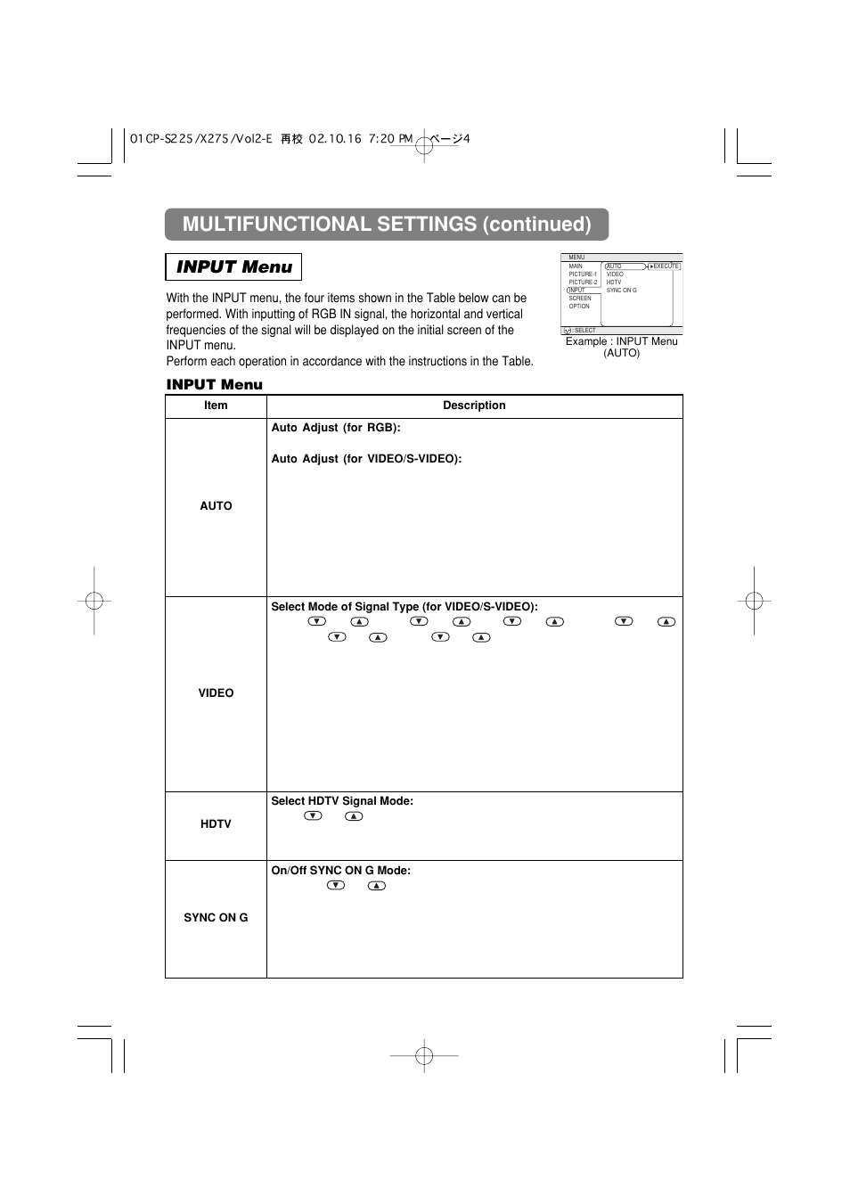 Air filter, Temp indicator, Multifunctional settings (continued) | Input menu | 3M MP7640i/MP7740i User Manual | Page 27 / 40