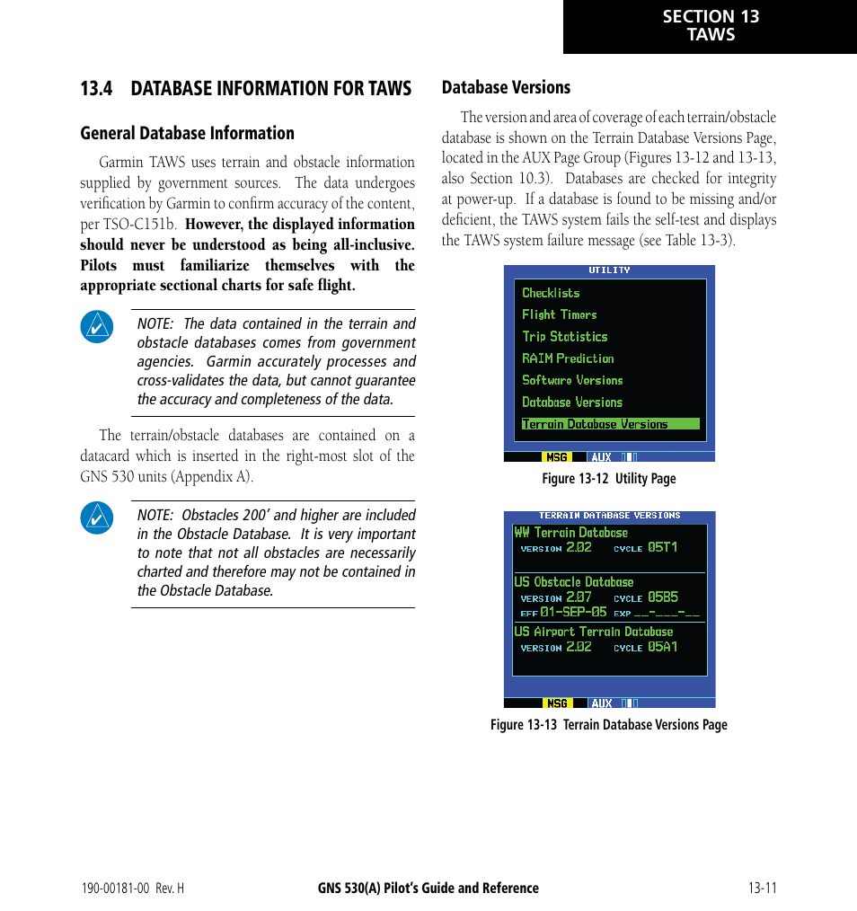 4 database information for taws, 4 database information for taws -11 | Garmin GNS 530 User Manual | Page 215 / 288