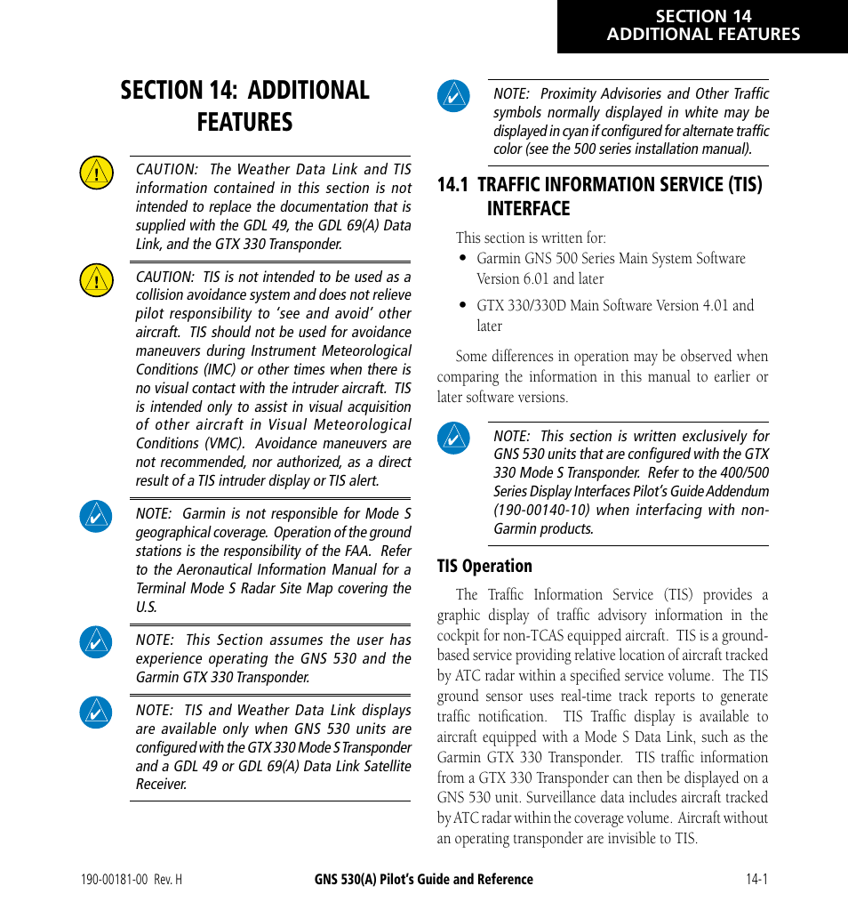 Section 14: additional features, 1 traffic information service (tis) interface, 1 traffic information service (tis) interface -1 | Garmin GNS 530 User Manual | Page 217 / 288