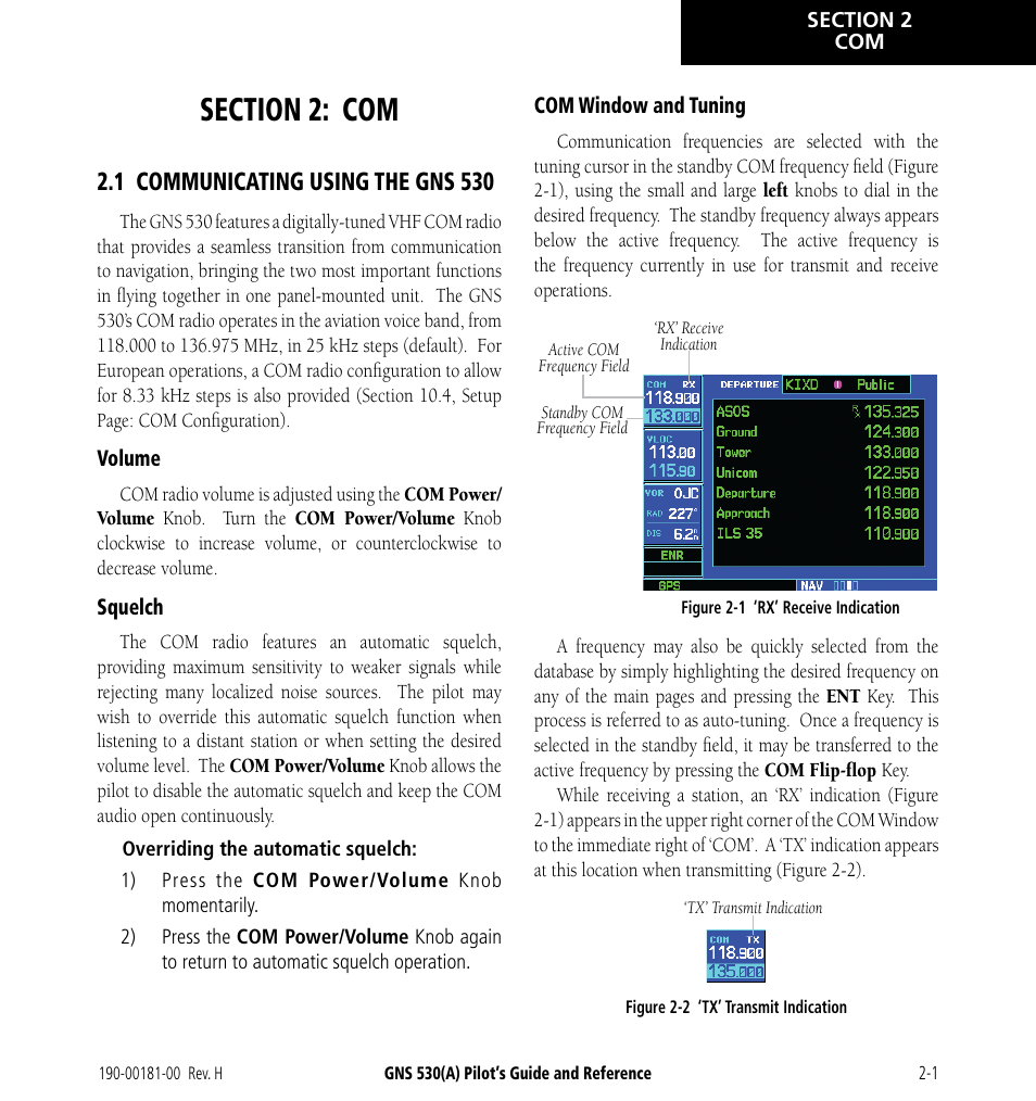 Section 2: com, 1 communicating using the gns 530, 1 communicating using the gns 530 -1 | Garmin GNS 530 User Manual | Page 31 / 288