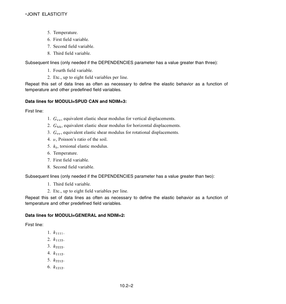 Data lines for moduli = spud can and ndim =3, Data lines for moduli = general and ndim =2 | ABAQUS Volume II: I–Z User Manual | Page 100 / 628