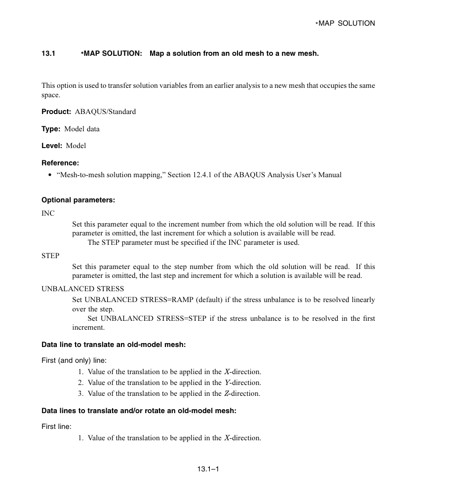 Optional parameters, Data line to translate an old-model mesh | ABAQUS Volume II: I–Z User Manual | Page 127 / 628