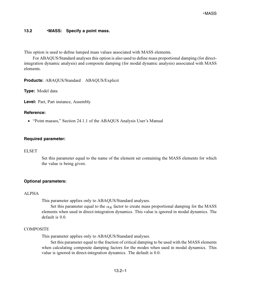 2 * mass: specify a point mass, Required parameter, Optional parameters | ABAQUS Volume II: I–Z User Manual | Page 129 / 628