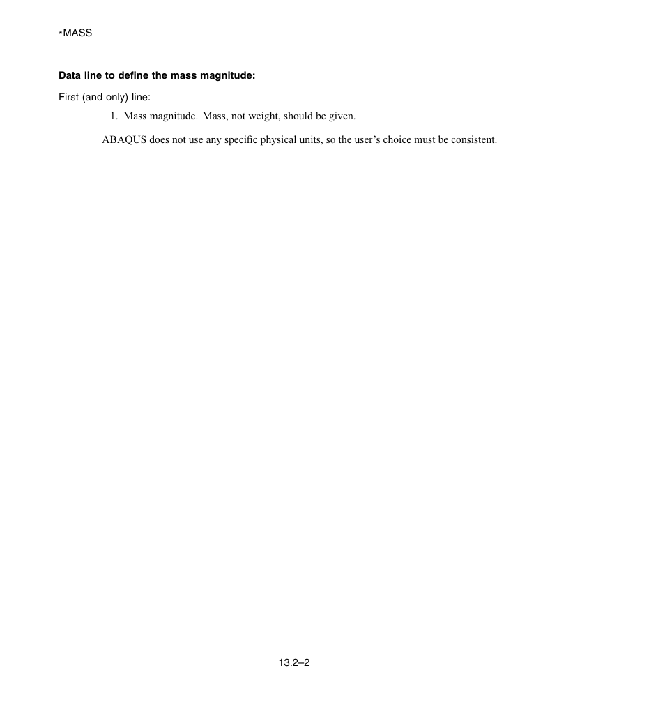 Data line to define the mass magnitude | ABAQUS Volume II: I–Z User Manual | Page 130 / 628