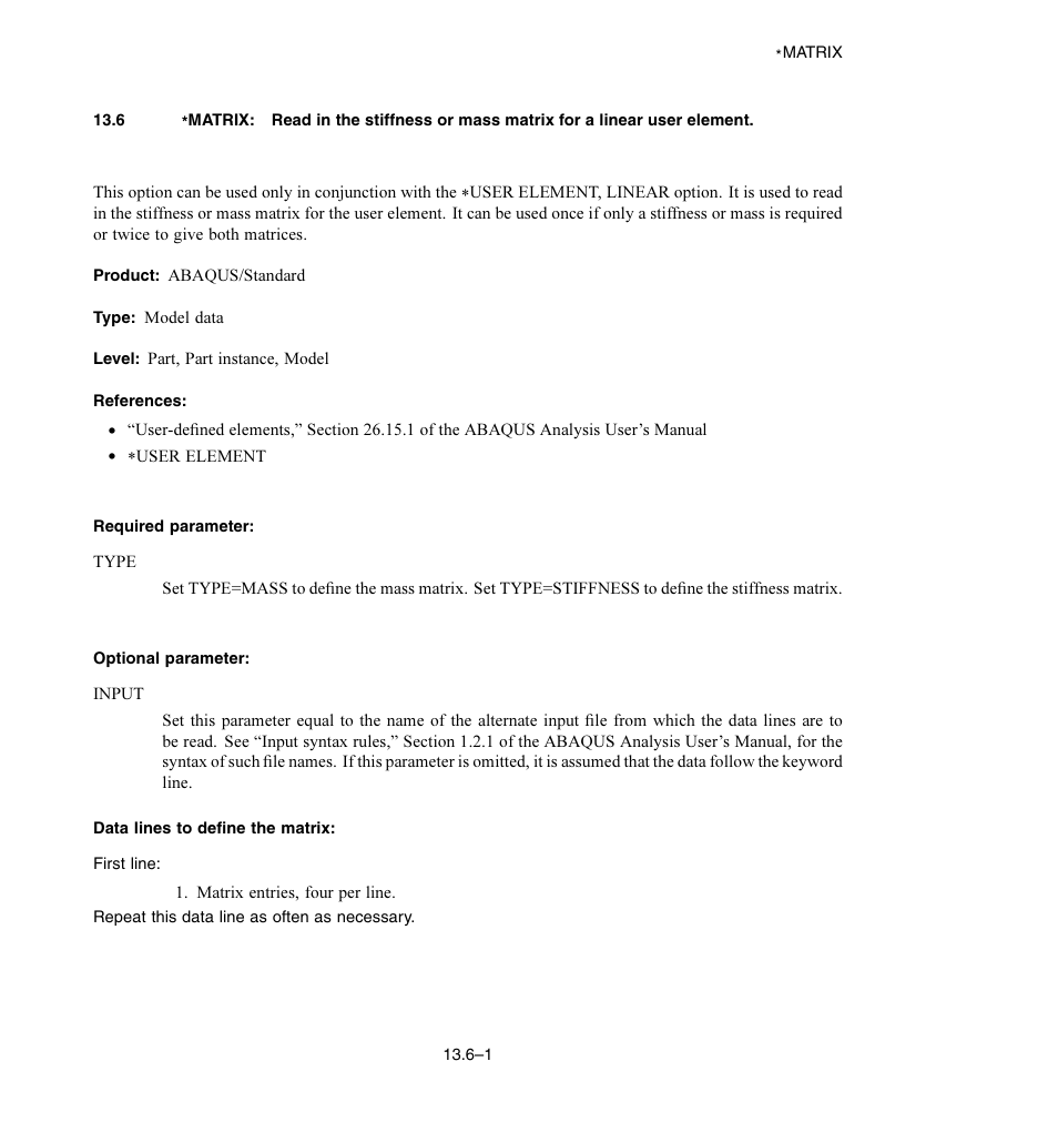 Required parameter, Optional parameter, Data lines to define the matrix | ABAQUS Volume II: I–Z User Manual | Page 137 / 628