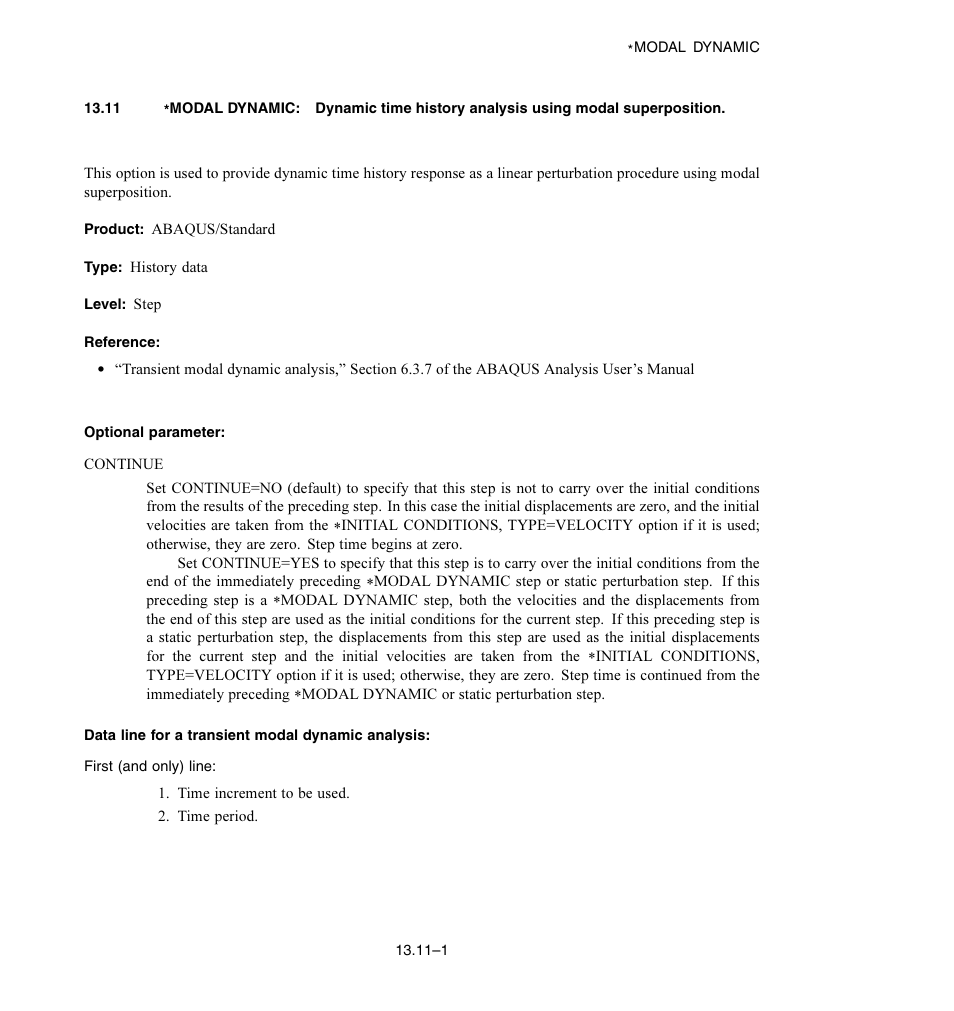 Optional parameter, Data line for a transient modal dynamic analysis | ABAQUS Volume II: I–Z User Manual | Page 149 / 628