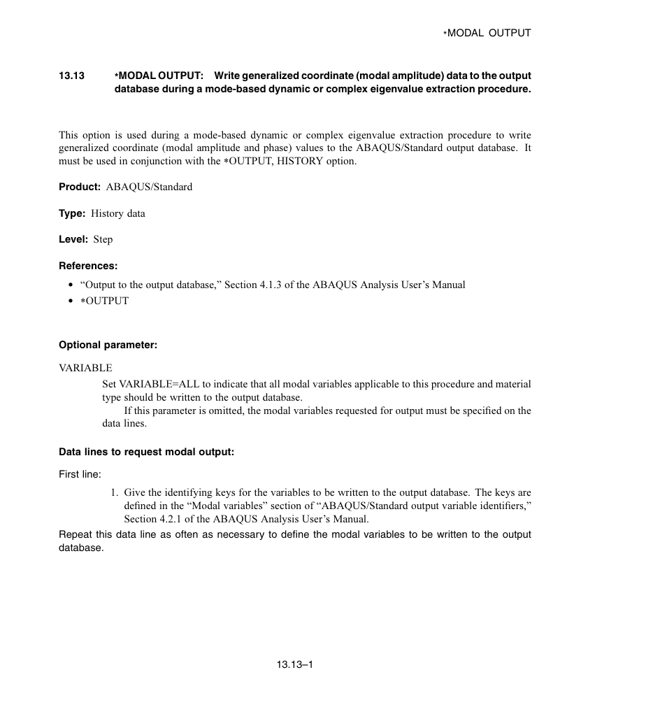 Optional parameter, Data lines to request modal output | ABAQUS Volume II: I–Z User Manual | Page 153 / 628