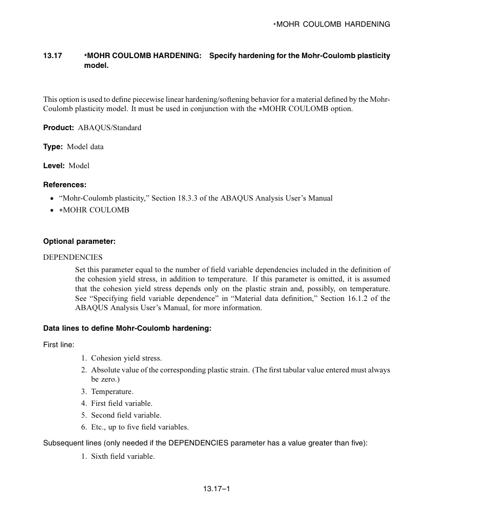 Optional parameter, Data lines to define mohr-coulomb hardening | ABAQUS Volume II: I–Z User Manual | Page 161 / 628