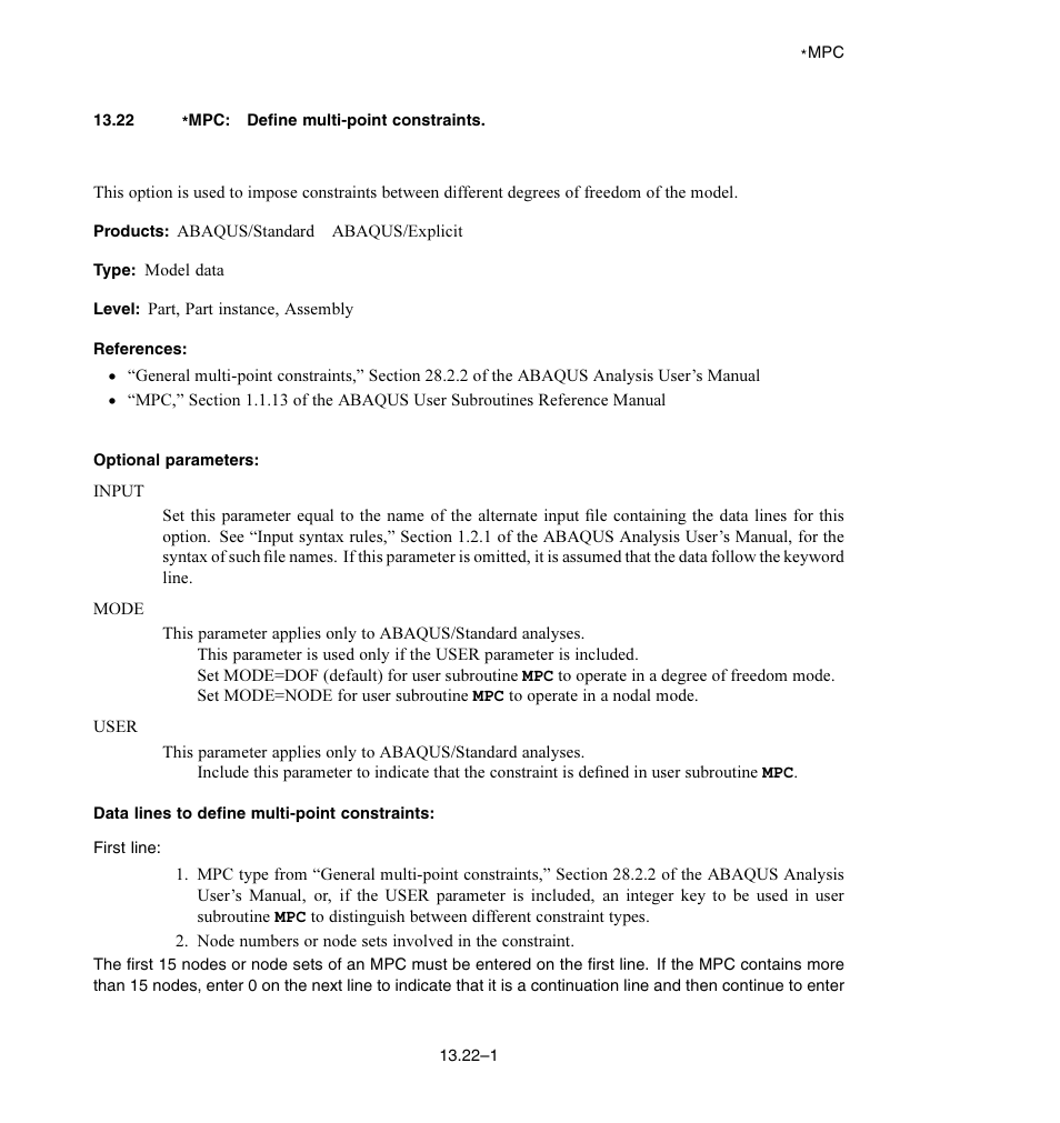 22 * mpc: define multi-point constraints, Optional parameters, Data lines to define multi-point constraints | ABAQUS Volume II: I–Z User Manual | Page 173 / 628