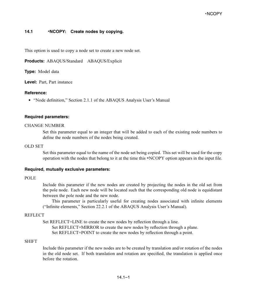 1 * ncopy: create nodes by copying, Required parameters, Required, mutually exclusive parameters | ABAQUS Volume II: I–Z User Manual | Page 185 / 628