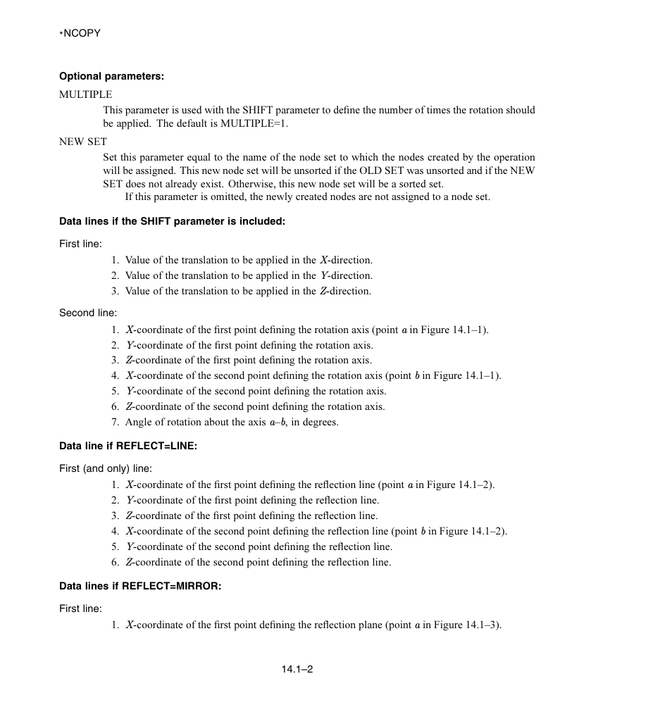 Optional parameters, Data lines if the shift parameter is included, Data line if reflect = line | Data lines if reflect = mirror | ABAQUS Volume II: I–Z User Manual | Page 186 / 628