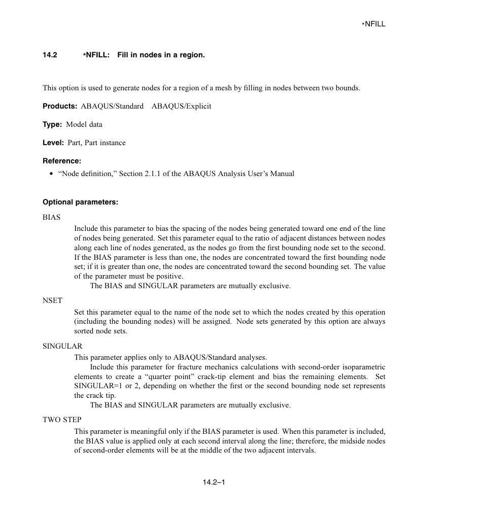 2 * nfill: fill in nodes in a region, Optional parameters | ABAQUS Volume II: I–Z User Manual | Page 191 / 628