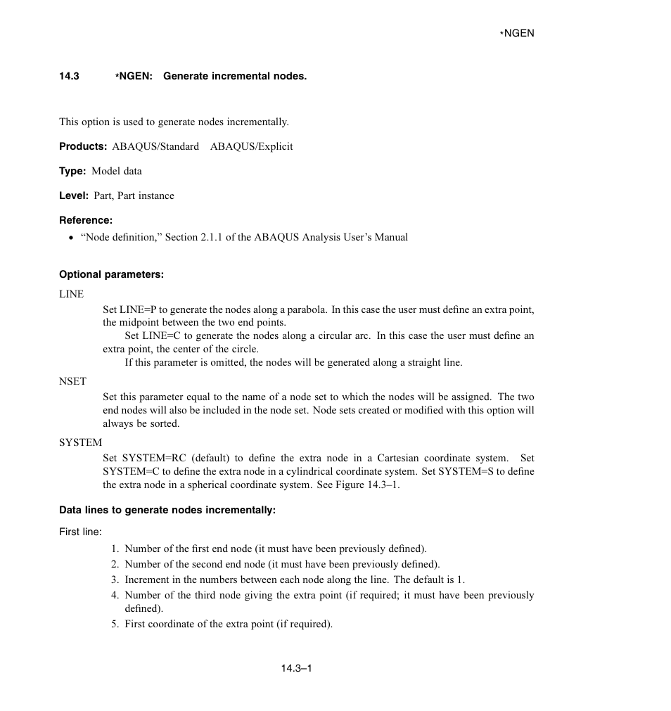 3 * ngen: generate incremental nodes, Optional parameters, Data lines to generate nodes incrementally | ABAQUS Volume II: I–Z User Manual | Page 193 / 628