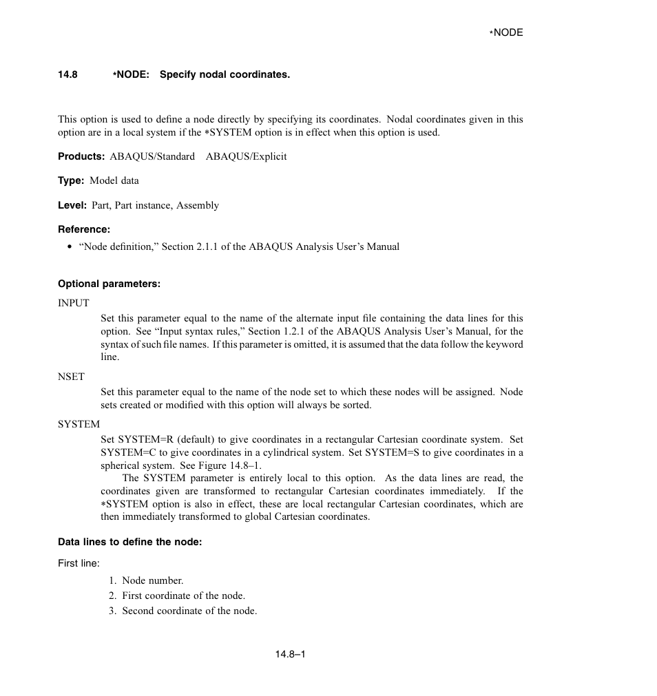 8 * node: specify nodal coordinates, Optional parameters, Data lines to define the node | ABAQUS Volume II: I–Z User Manual | Page 205 / 628