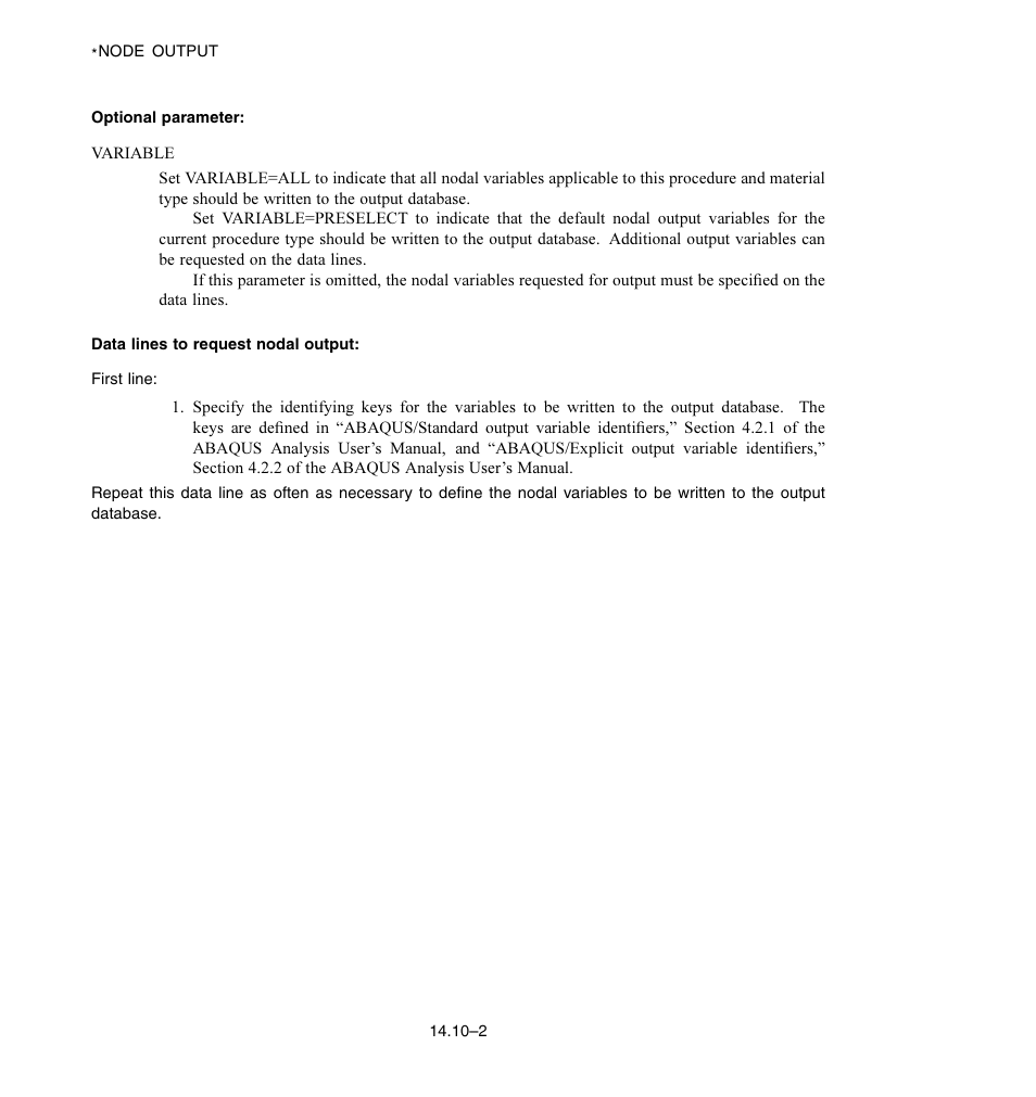 Optional parameter, Data lines to request nodal output | ABAQUS Volume II: I–Z User Manual | Page 210 / 628