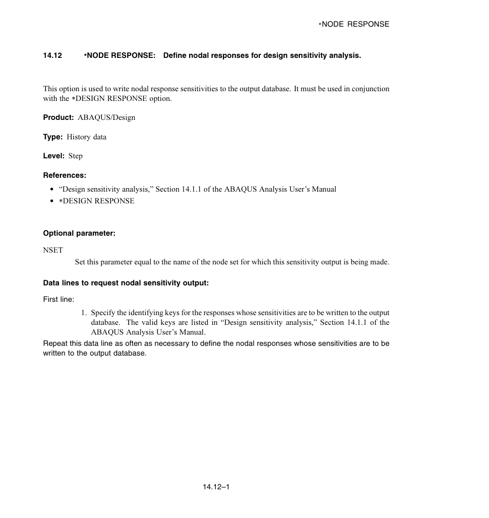 Optional parameter, Data lines to request nodal sensitivity output | ABAQUS Volume II: I–Z User Manual | Page 213 / 628